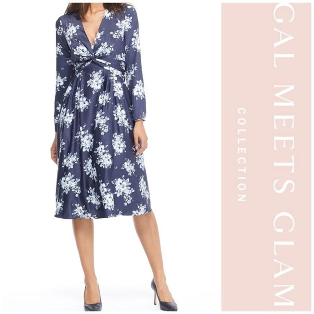 GAL MEETS GLAM Navy and White Floral Dress Tie Back Long Sleeve Size 6 cocktail